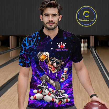 Custom Purple Turquoise Funny Pit Bull Dog Bowling Shirt for Men Bowling Jersey Polo & 1/4 Zip QZT1389