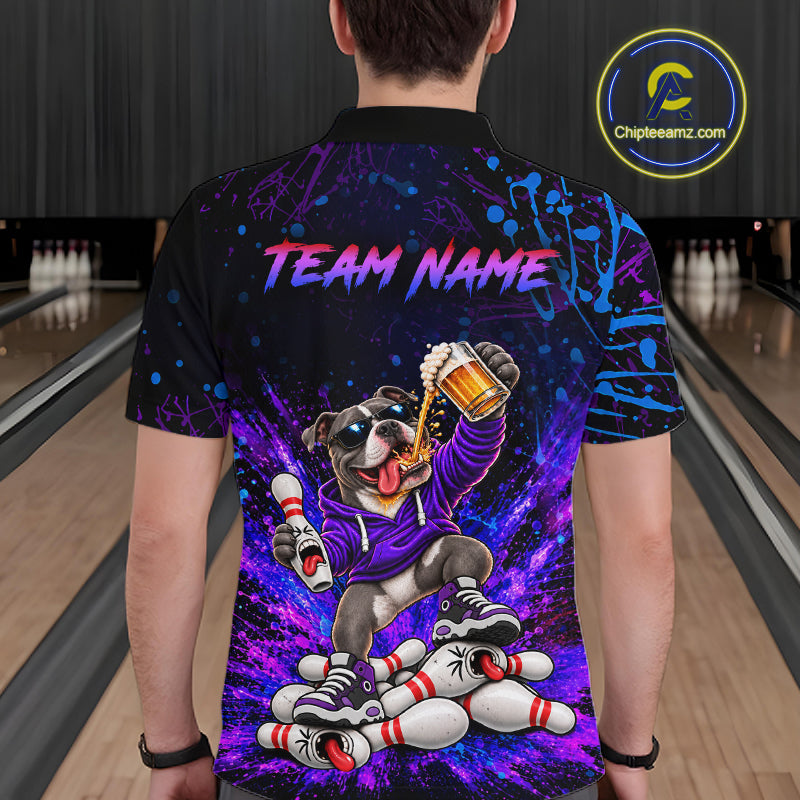 Custom Purple Turquoise Funny Pit Bull Dog Bowling Shirt for Men Bowling Jersey Polo & 1/4 Zip QZT1389