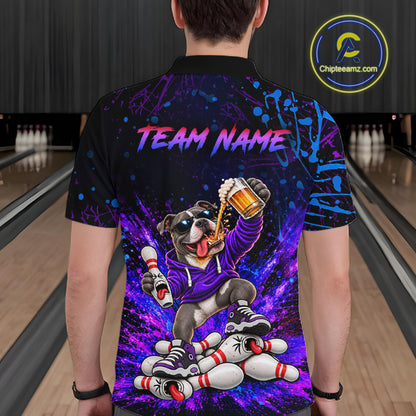 Custom Purple Turquoise Funny Pit Bull Dog Bowling Shirt for Men Bowling Jersey Polo & 1/4 Zip QZT1389