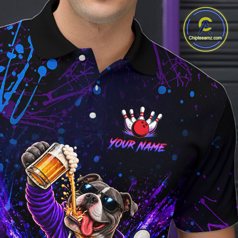 Custom Purple Turquoise Funny Pit Bull Dog Bowling Shirt for Men Bowling Jersey Polo & 1/4 Zip QZT1389