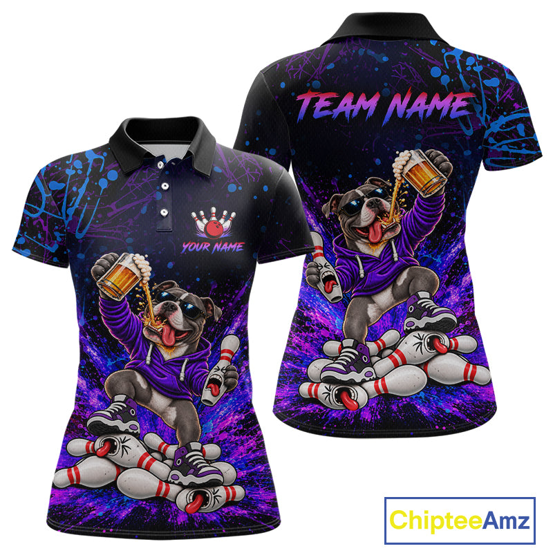 Custom Purple Turquoise Funny Pit Bull Dog Bowling Shirt for Women Bowling Jersey Polo & 1/4 Zip QZT1389