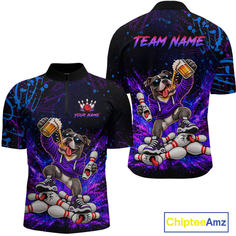 Custom Purple Turquoise Funny Pit Bull Dog Bowling Shirt for Men Bowling Jersey Polo & 1/4 Zip QZT1389
