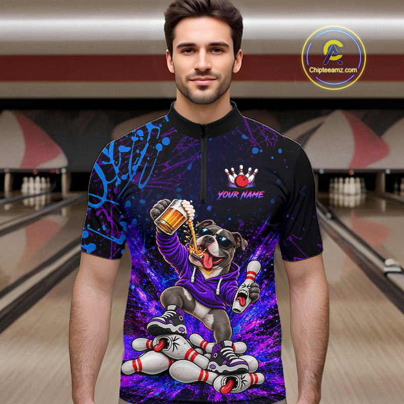 Custom Purple Turquoise Funny Pit Bull Dog Bowling Shirt for Men Bowling Jersey Polo & 1/4 Zip QZT1389