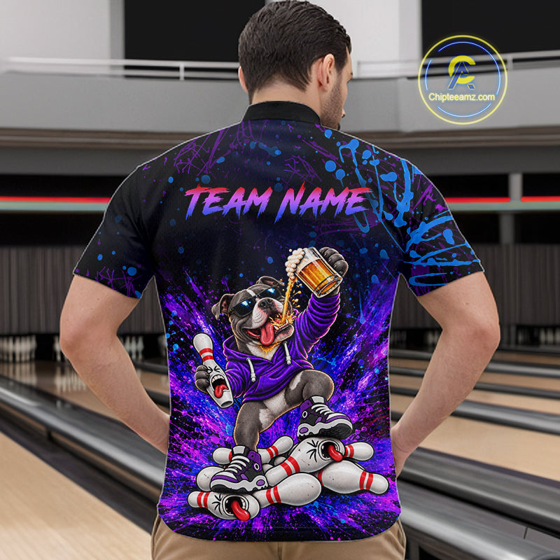 Custom Purple Turquoise Funny Pit Bull Dog Bowling Shirt for Men Bowling Jersey Polo & 1/4 Zip QZT1389
