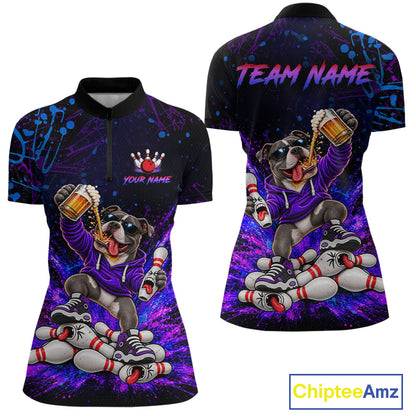 Custom Purple Turquoise Funny Pit Bull Dog Bowling Shirt for Women Bowling Jersey Polo & 1/4 Zip QZT1389