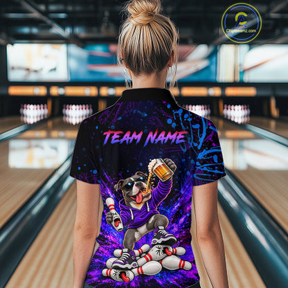 Custom Purple Turquoise Funny Pit Bull Dog Bowling Shirt for Women Bowling Jersey Polo & 1/4 Zip QZT1389