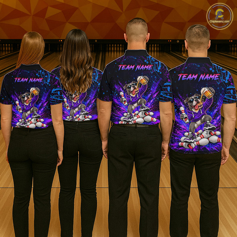 Custom Purple Turquoise Funny Pit Bull Dog Bowling Shirt for Men Bowling Jersey Polo & 1/4 Zip QZT1389