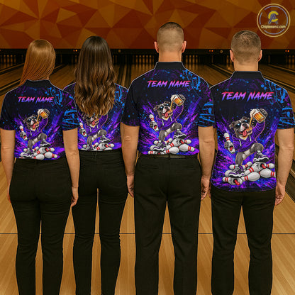 Custom Purple Turquoise Funny Pit Bull Dog Bowling Shirt for Men Bowling Jersey Polo & 1/4 Zip QZT1389
