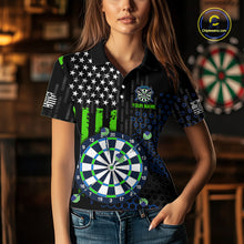 Load image into Gallery viewer, Female model wearing a custom black darts polo shirt featuring an American flag star pattern, a large dartboard graphic, and customizable 'YOUR NAME' text on the chest