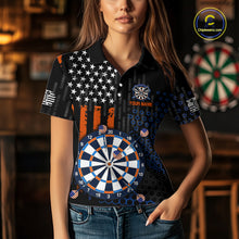 Load image into Gallery viewer, Female model wearing a custom black darts polo shirt featuring an American flag star pattern, a large dartboard graphic, and customizable 'YOUR NAME' text on the chest