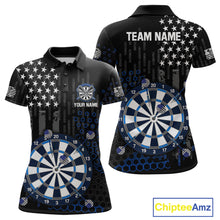 Load image into Gallery viewer, Custom darts polo shirt for women with American flag design and dartboard graphic, personalized team name and player name by ChipteeAmz