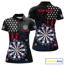 Load image into Gallery viewer, Custom darts polo shirt for women with American flag design and dartboard graphic, personalized team name and player name by ChipteeAmz