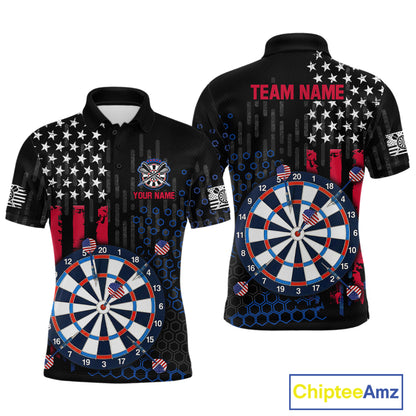 Custom darts polo shirt for men with American flag design and dartboard graphic, personalized team name and player name by ChipteeAmz