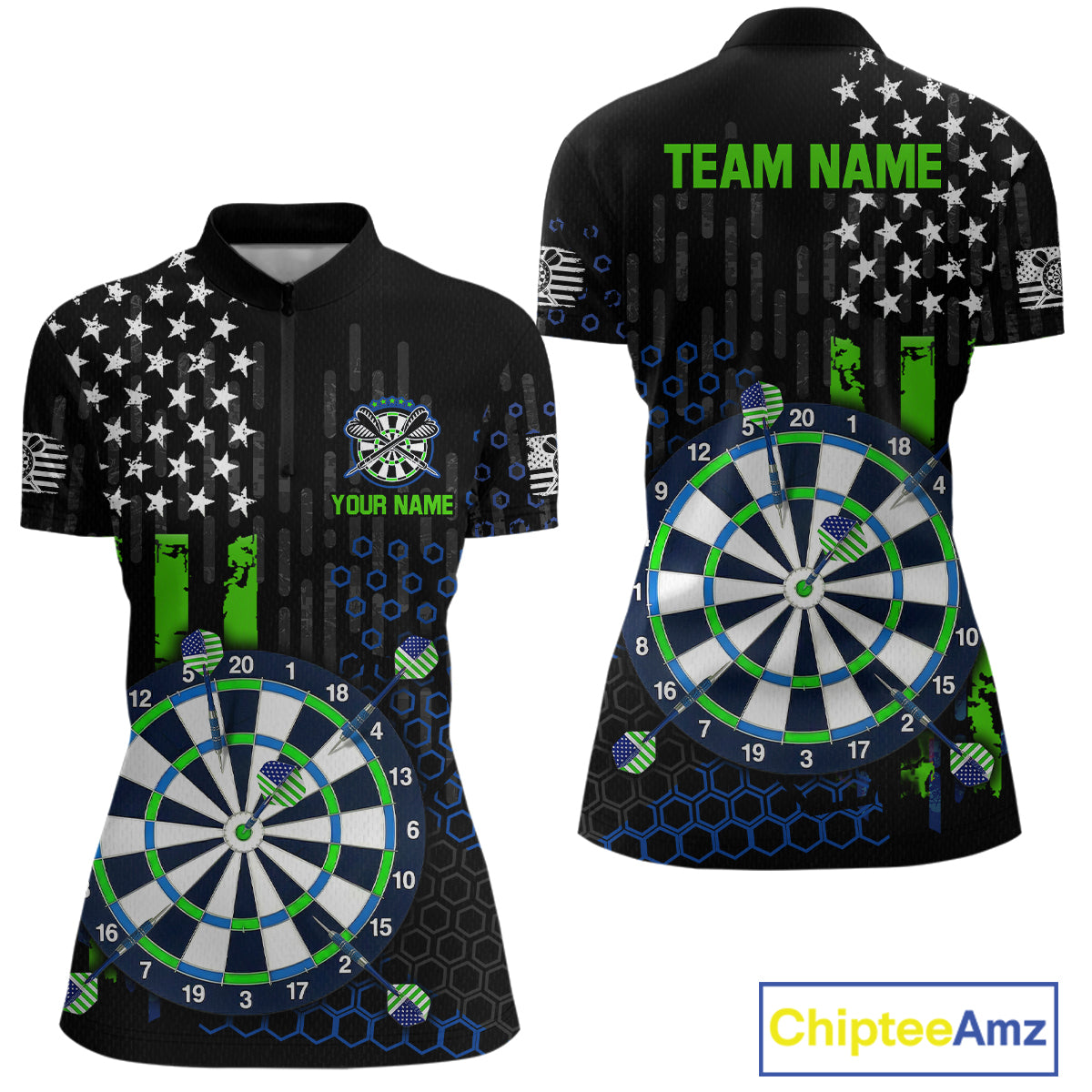 Custom darts quarter-zip jersey for women with green American flag design and dartboard graphic, personalized team name and player name by ChipteeAmz