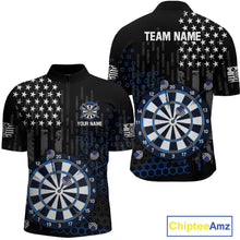 Load image into Gallery viewer, Custom darts quarter-zip jersey for men with grey American flag design and dartboard graphic, personalized team name and player name by ChipteeAmz