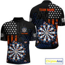 Load image into Gallery viewer, Custom darts quarter-zip jersey for men with American flag design and dartboard graphic, personalized team name and player name by ChipteeAmz
