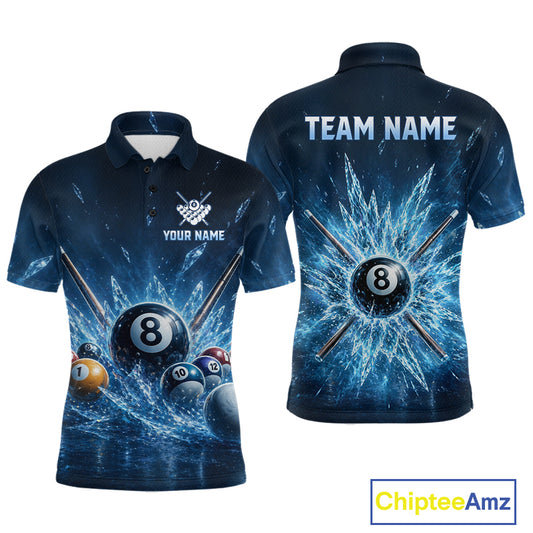Front and back view of men’s custom ice billiard polo shirt, featuring 8 ball Frozen Pool design, personalized billiard jersey for men