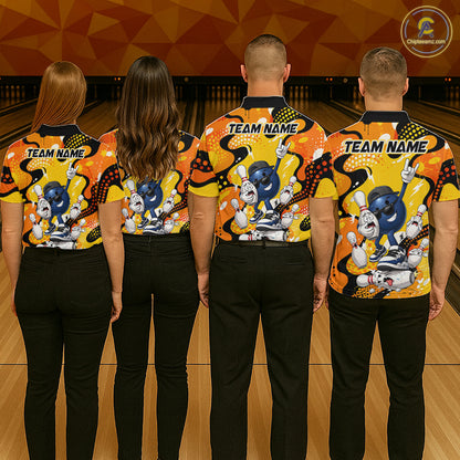 Four people wearing matching bowling shirts with a team name on a bowling alley.