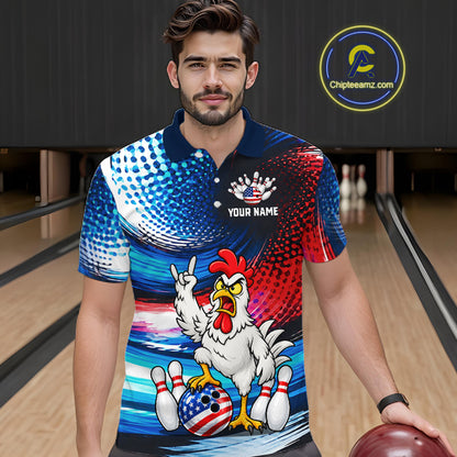 Custom American Flag Funny Chicken Bowling Shirts for Men Bowling Jersey QZT1327