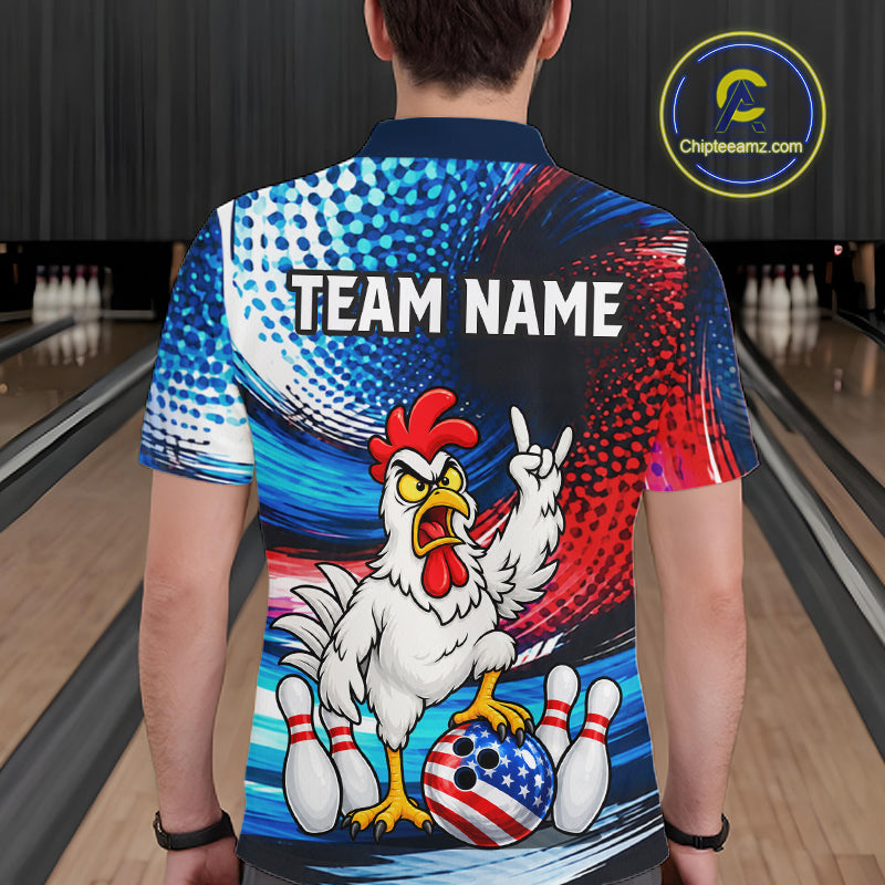 Custom American Flag Funny Chicken Bowling Shirts for Men Bowling Jersey QZT1327