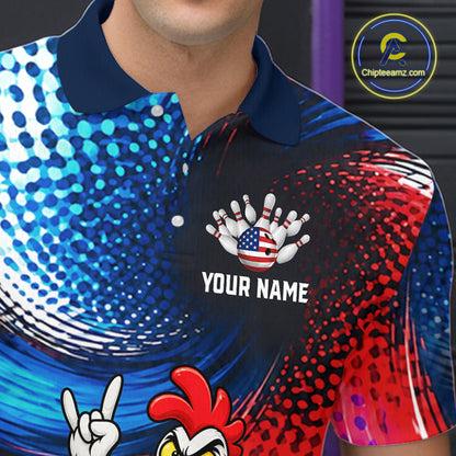 Custom American Flag Funny Chicken Bowling Shirts for Men Bowling Jersey QZT1327