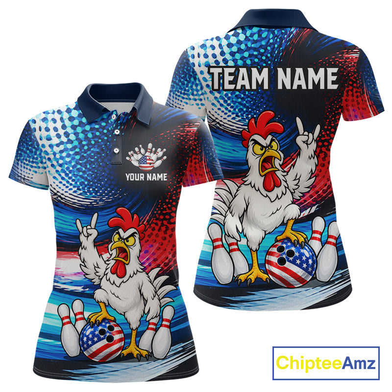 Custom American Flag Funny Chicken Bowling Shirts for Women Bowling Jersey QZT1327
