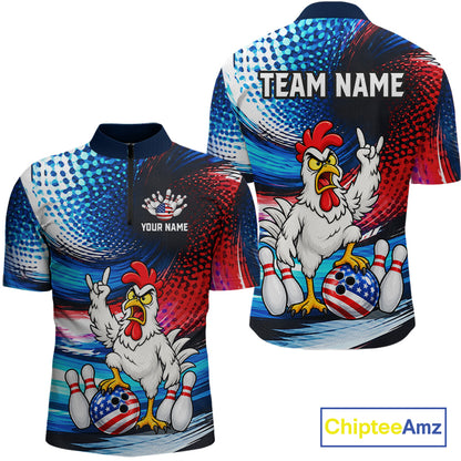 Custom American Flag Funny Chicken Bowling Shirts for Men Bowling Jersey QZT1327
