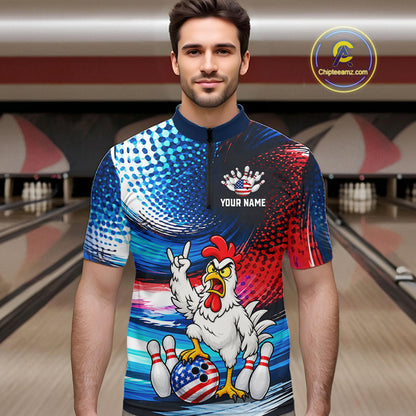 Custom American Flag Funny Chicken Bowling Shirts for Men Bowling Jersey QZT1327
