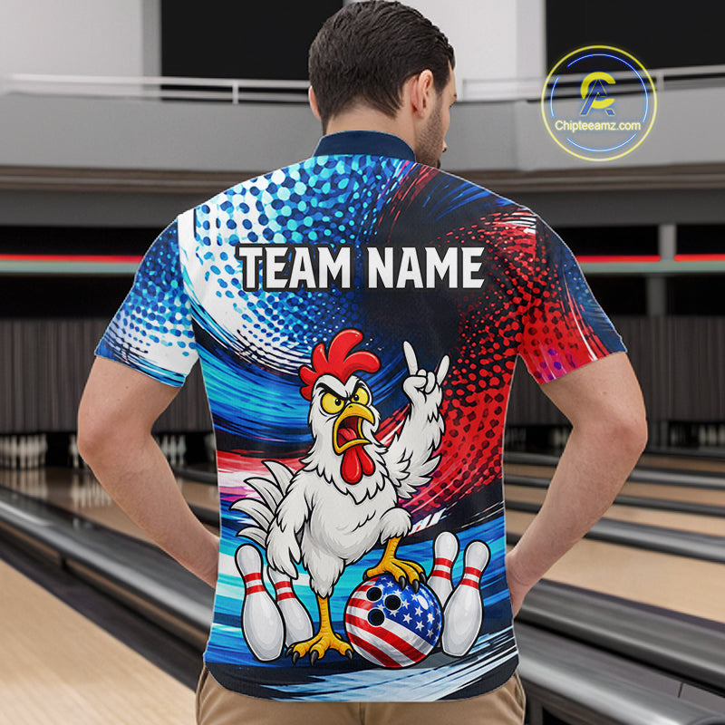 Custom American Flag Funny Chicken Bowling Shirts for Men Bowling Jersey QZT1327
