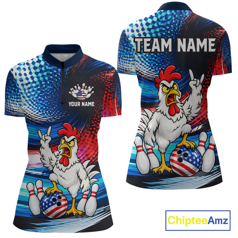 Custom American Flag Funny Chicken Bowling Shirts for Women Bowling Jersey QZT1327