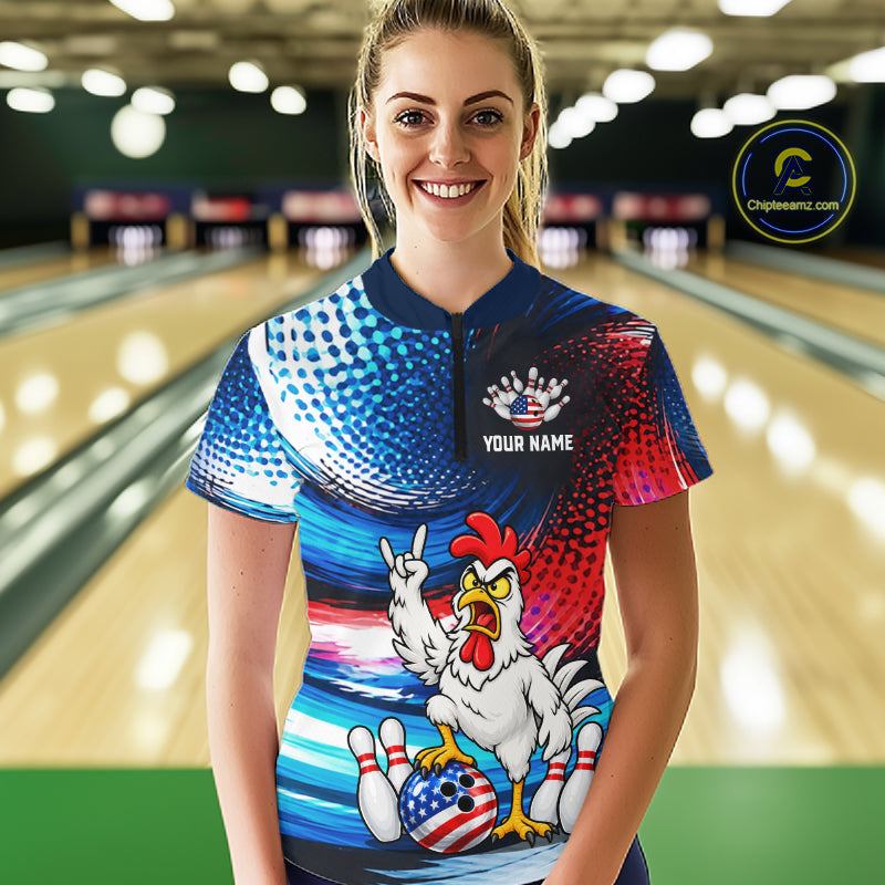 Custom American Flag Funny Chicken Bowling Shirts for Women Bowling Jersey QZT1327