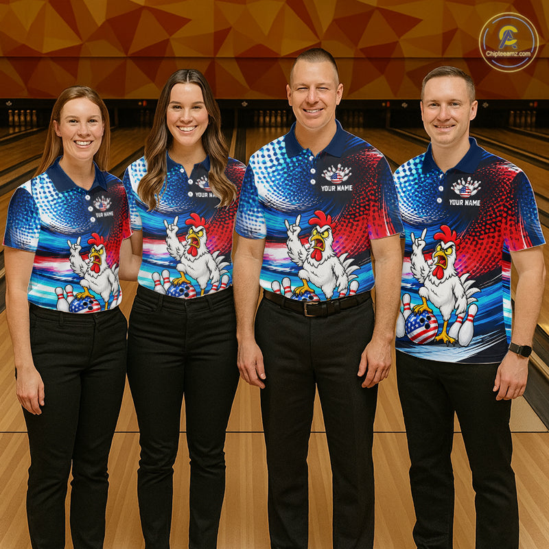 Custom American Flag Funny Chicken Bowling Shirts for Men Bowling Jersey QZT1327