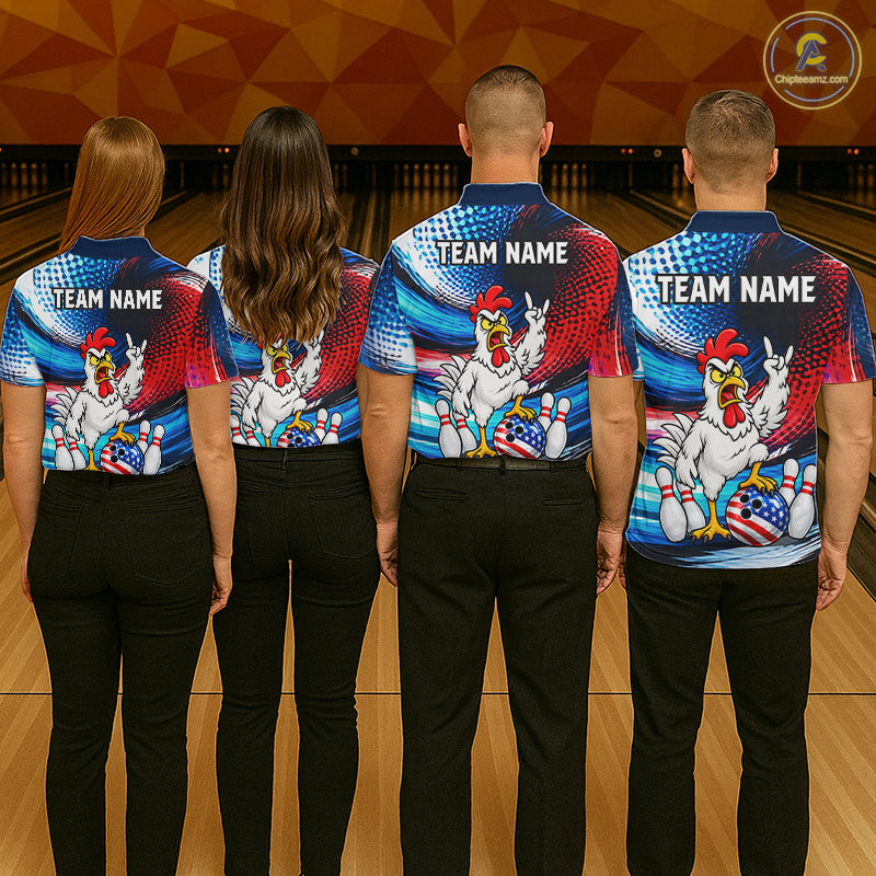 Custom American Flag Funny Chicken Bowling Shirts for Men Bowling Jersey QZT1327