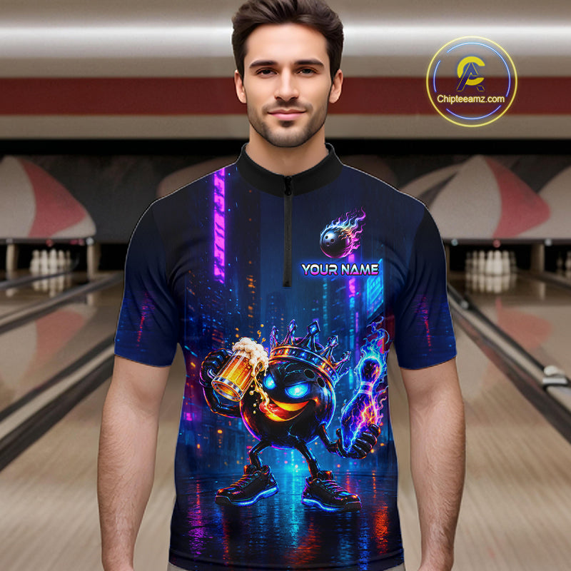 Custom Funny Hero Bowling Ball Shirt for Men Beer Bowling Jersey Polo & 1/4 Zip QZT1390