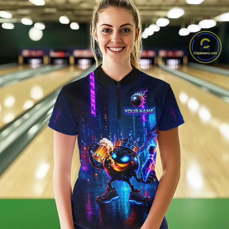 Custom Funny Hero Bowling Ball Shirt for Women Beer Bowling Jersey Polo & 1/4 Zip QZT1390