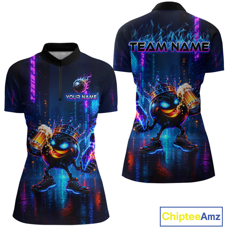 Custom Funny Hero Bowling Ball Shirt for Women Beer Bowling Jersey Polo & 1/4 Zip QZT1390