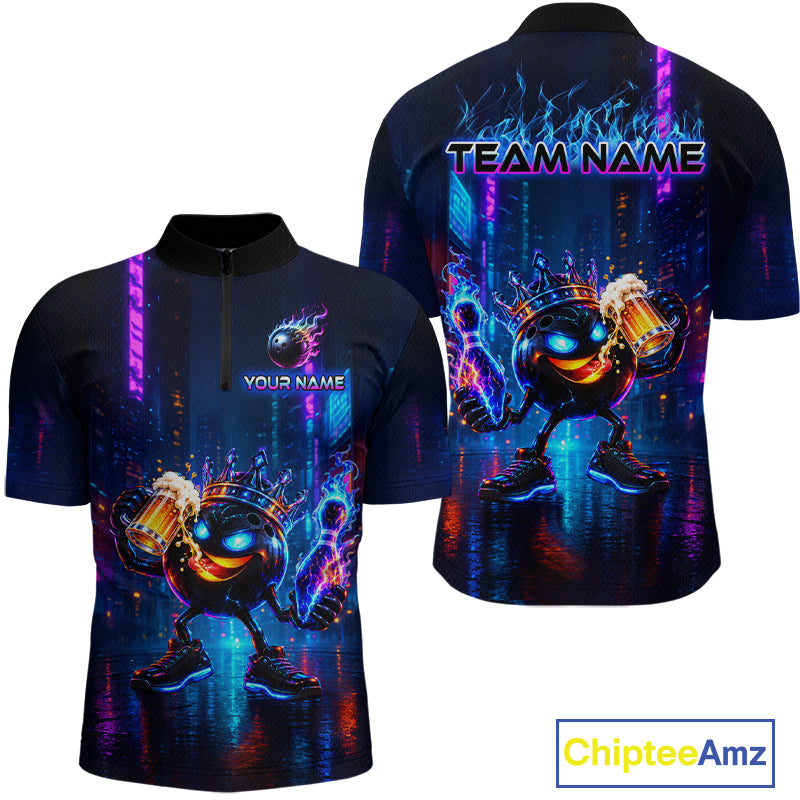 Custom Funny Hero Bowling Ball Shirt for Men Beer Bowling Jersey Polo & 1/4 Zip QZT1390
