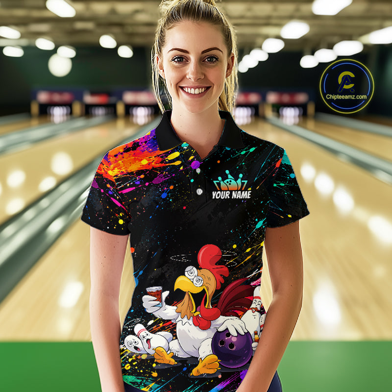 Custom Colorful Funny Chicken Bowling Shirt for Women Whiskey Bowling Jersey Polo & 1/4 Zip QZT1391