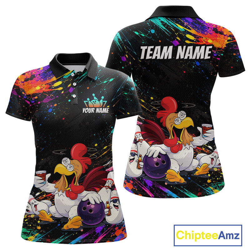 Custom Colorful Funny Chicken Bowling Shirt for Women Whiskey Bowling Jersey Polo & 1/4 Zip QZT1391