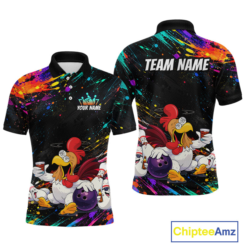 Custom Colorful Funny Chicken Bowling Shirt for Men Whiskey Bowling Jersey Polo & 1/4 Zip QZT1391