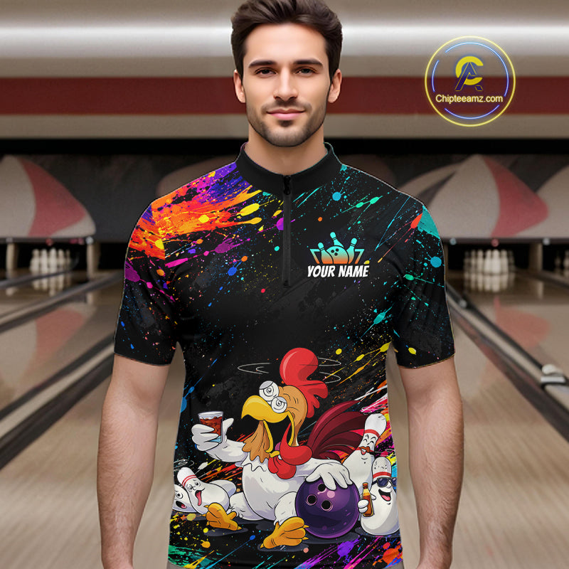 Custom Colorful Funny Chicken Bowling Shirt for Men Whiskey Bowling Jersey Polo & 1/4 Zip QZT1391