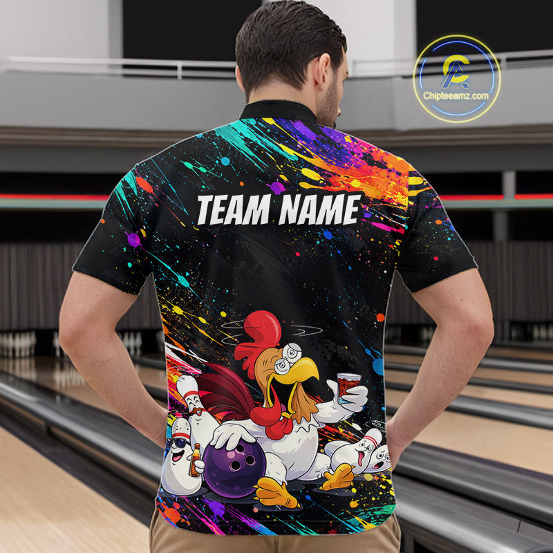 Custom Colorful Funny Chicken Bowling Shirt for Men Whiskey Bowling Jersey Polo & 1/4 Zip QZT1391