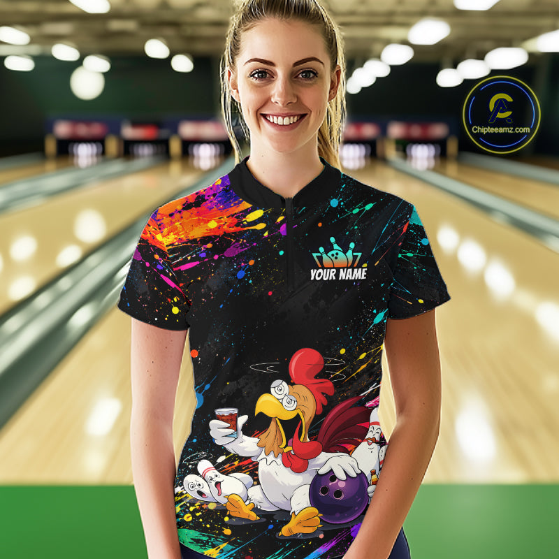 Custom Colorful Funny Chicken Bowling Shirt for Women Whiskey Bowling Jersey Polo & 1/4 Zip QZT1391