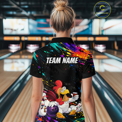 Custom Colorful Funny Chicken Bowling Shirt for Women Whiskey Bowling Jersey Polo & 1/4 Zip QZT1391