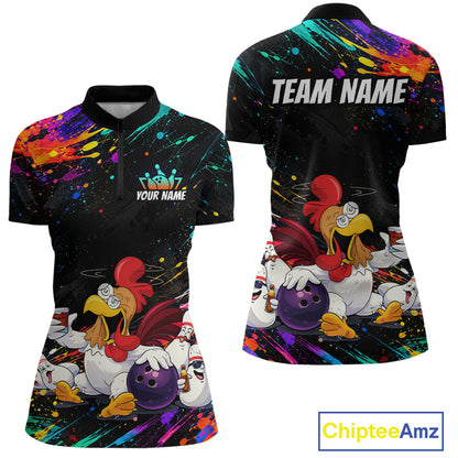 Custom Colorful Funny Chicken Bowling Shirt for Women Whiskey Bowling Jersey Polo & 1/4 Zip QZT1391