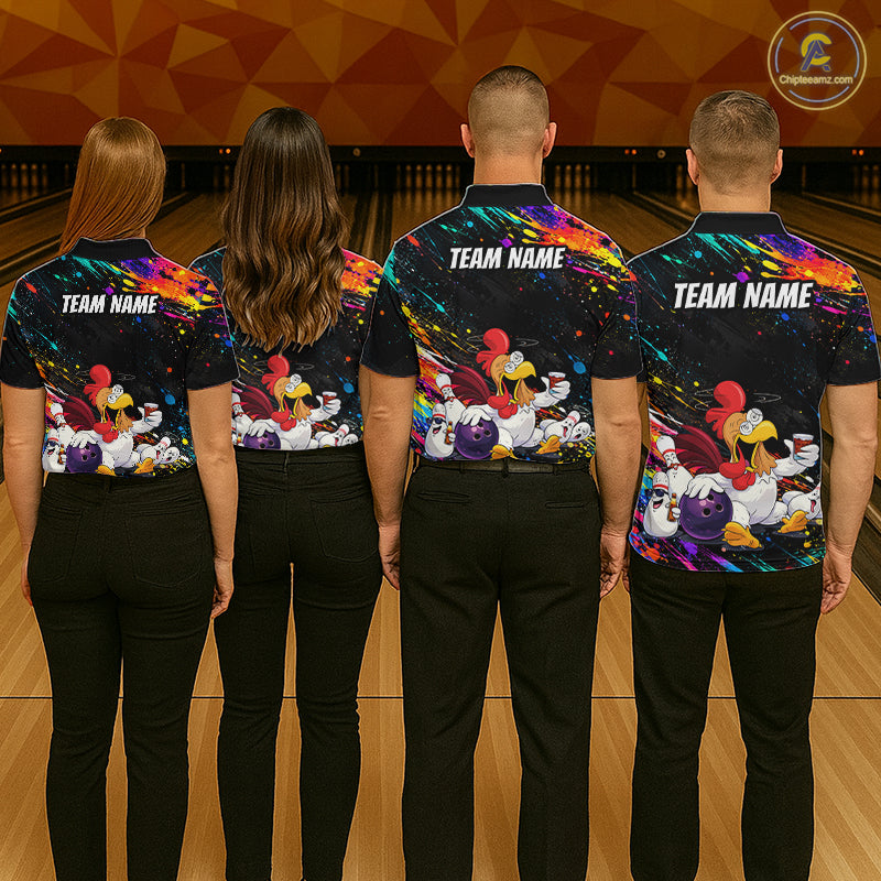 Custom Colorful Funny Chicken Bowling Shirt for Men Whiskey Bowling Jersey Polo & 1/4 Zip QZT1391