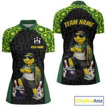 Load image into Gallery viewer, Front and back views of a short-sleeve bowling-themed quarter-zip shirt with a cartoon turtle character, bowling pins, bowling balls, and customizable text placeholders on a white background.