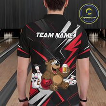Load image into Gallery viewer, Person wearing a bowling-themed shirt with cartoon characters and 'TEAM NAME' text in a bowling alley.