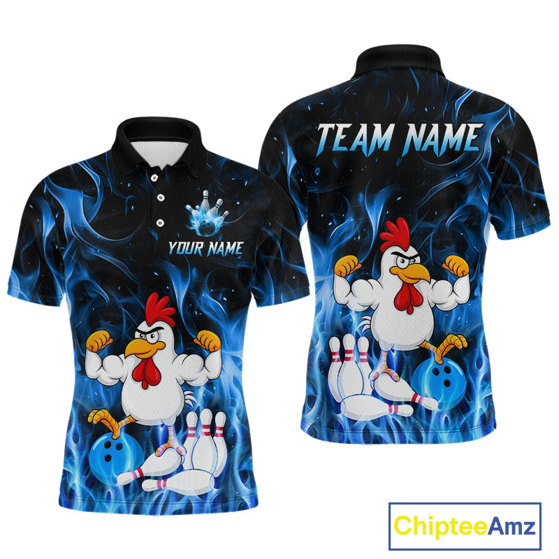 Custom Funny Blue Flames Chicken Bowling Shirt for Men Bowling Jersey Polo & 1/4-Zip QZT1252