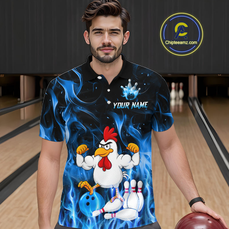 Custom Funny Blue Flames Chicken Bowling Shirt for Men Bowling Jersey Polo & 1/4-Zip QZT1252
